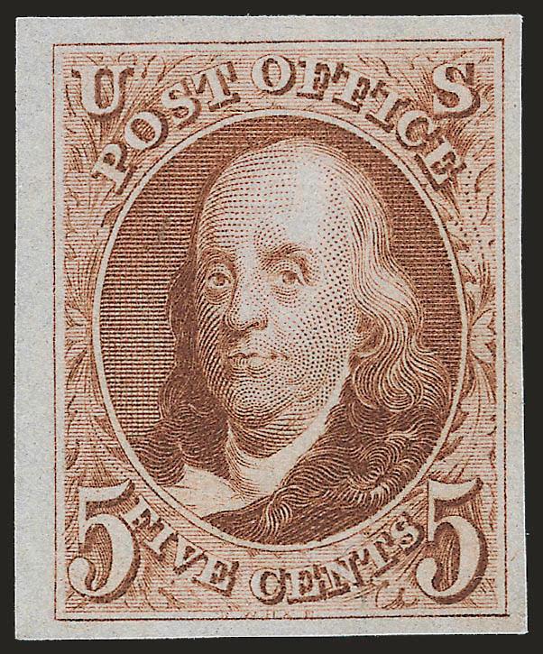 5c Red Brown, Reproduction (3).> Without gum as issued, large to huge margins, flawless impression, Extremely Fine Gem, with 2007 P.S.E. certificate (XF-Superb 95 SMQ $1,550.00), a surprisingly difficult issue
to find graded above XF 90, only six ha