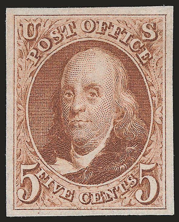 5c Red Brown, Reproduction (3).> Without gum as issued, large even margins, rich color, fresh and Extremely Fine, with 1997 P.F. certificate