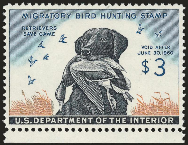 $3.00 1959 Hunting Permit (RW26).> Mint N.H. with bottom selvage, perfectly balanced margins, vivid colors, Extremely Fine Gem, with 2005 P.S.E. certificate (Superb 98 SMQ $410.00)