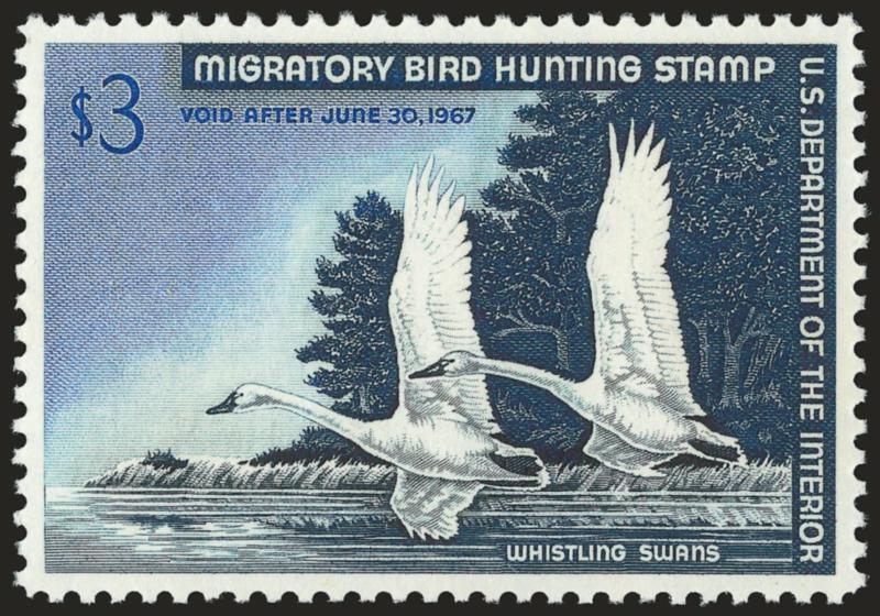 $3.00 1966 Hunting Permit (RW33).> Mint N.H., perfect centering, wide margins, Extremely Fine Gem, with 2007 P.S.E. certificate (Superb 98 SMQ $410.00)