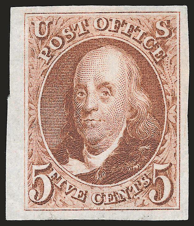 5c Red Brown, Reproduction (3).> Without gum as issued, huge margins all around, bright color, small tear at bottom, appears Extremely Fine