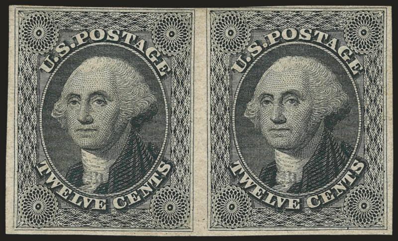 12c Black, Plate 3, Plate Proof on Stamp Paper (36bPd).> Horizontal pair, large margins to full, intense shade and impression, Very Fine and rare, unpriced in Scott