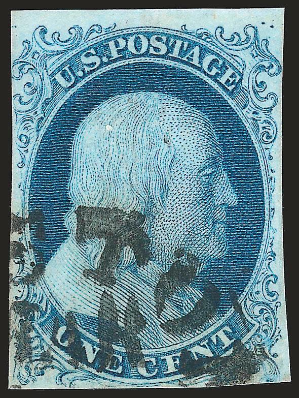 1c Blue, Ty. Ib (5A).> Position 6R1E, margins virtually all around, choice plate one early color, essentially face-free Boston circular datestamp<><>^FINE. A BEAUTIFUL EXAMPLE OF POSITION 6R1E, ONE OF THE TWO
POSITIONS THAT FURNISHED THE BEST TYPE