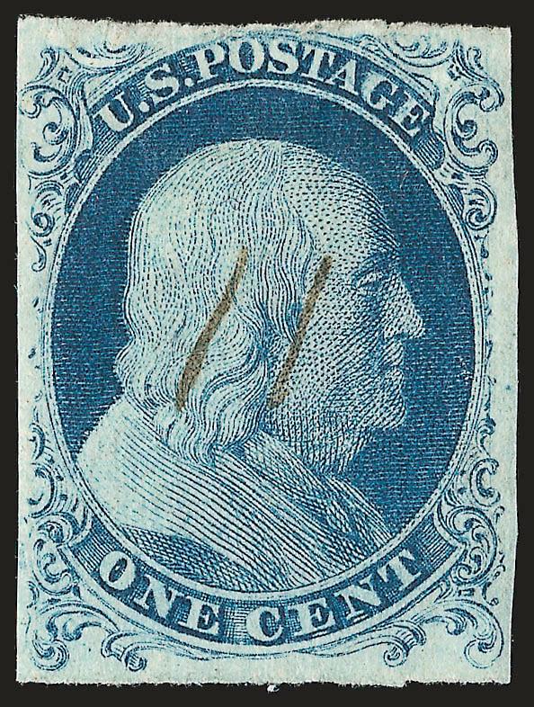 1c Blue, Ty. Ia (6).> Position 92R4, large margins to clear and amply showing the characteristics of the type, rich color, two neat penstroke cancels leave design clearly visible, light horizontal crease at top,
tiny surface scuff at top left<><>^V