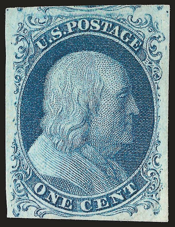 1c Blue, Ty. II, Plate 3 (7 var).> Position 92L3, unused (no gum), large margins to barely touched incl. part of adjoining stamp at top, bright color<><>^VERY FINE AND CHOICE. A RARE UNUSED EXAMPLE OF THE TYPE
II ONE-CENT 1851 IMPERFORATE FROM PLAT