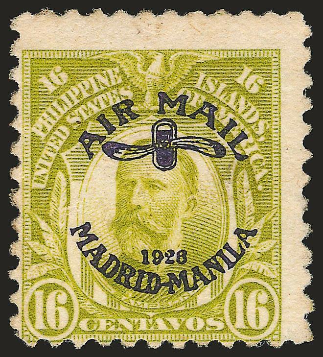 1926, 16c Light Olive Green (Sampson), Violet Madrid-Manila Flight Ovpt. (C7).> Unused (regummed) or heavily disturbed tropical original gum, perfs close to tiny bit in, about typical centering for this scarce
air post issue, only 300 issued