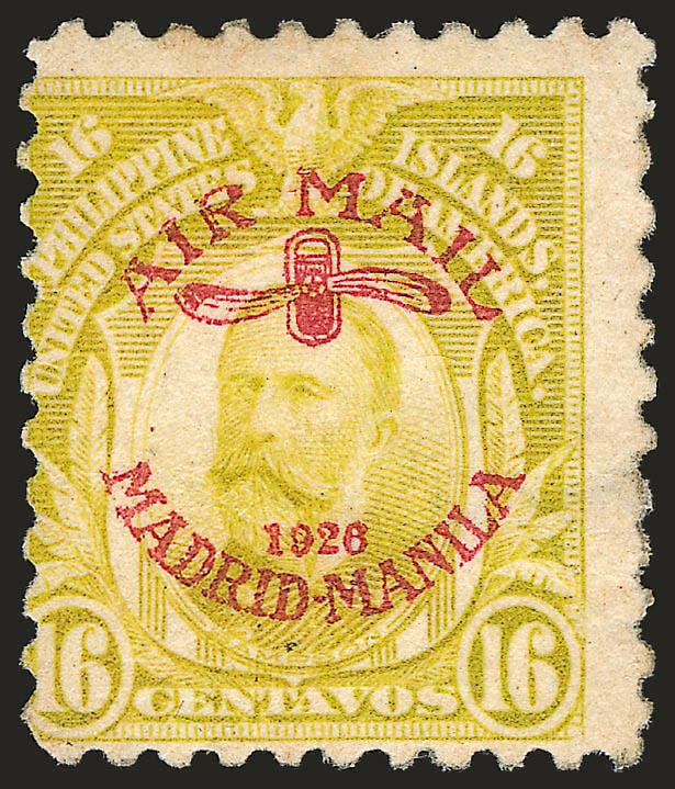 1926, 16c Olive Bister (Sampson), Red Madrid-Manila Ovpt. (C8).> Unused (regummed) or heavily disturbed tropical original gum, perfs close to tiny bit in, typical for this air post rarity, only 100
issued
