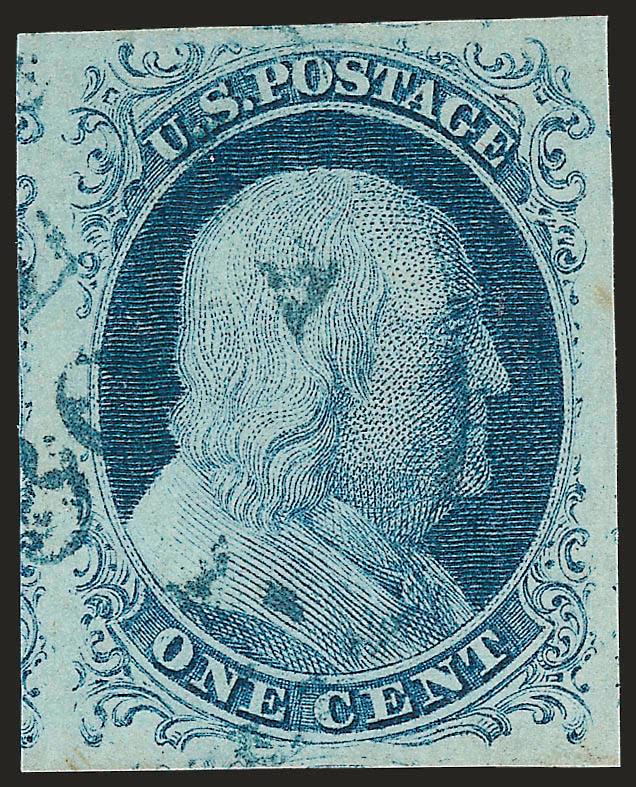 1c Blue, Ty. II (7).> Position 24 L1E, large to enormous margins all around, light <blue circular datestamp> and magnificent Plate 1 Early shade<><>^EXTREMELY FINE GEM. A SUPERB USED USED EXAMPLE OF THE
IMPERFORATE 1851 ONE-CENT TYPE II FROM PLATE