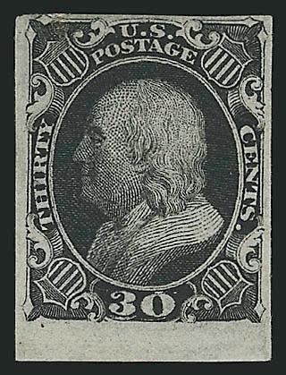 30c Black, Trial Color Plate Proof on Wove (38TC5).> Large margins to clear incl. <sheet margin at bottom,> deep shade, fresh and Very Fine