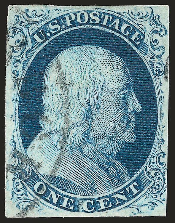 1c Blue, Ty. III (8).> Plate 4, large margins to barely touched, showing clear and wide breaks at both top and bottom, rich color on bright paper, face-free cancel, fresh and Very Fine