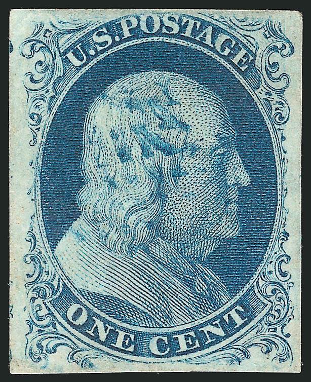 1c Blue, Ty. IIIa (8A).> Position 88R4, clear break at top, large margins to clear, bright color, unusual <blue cork> cancel, trivial corner margin crease, still fresh and Very Fine, unusual cancel which is
especially desirable on this scarcer type,
