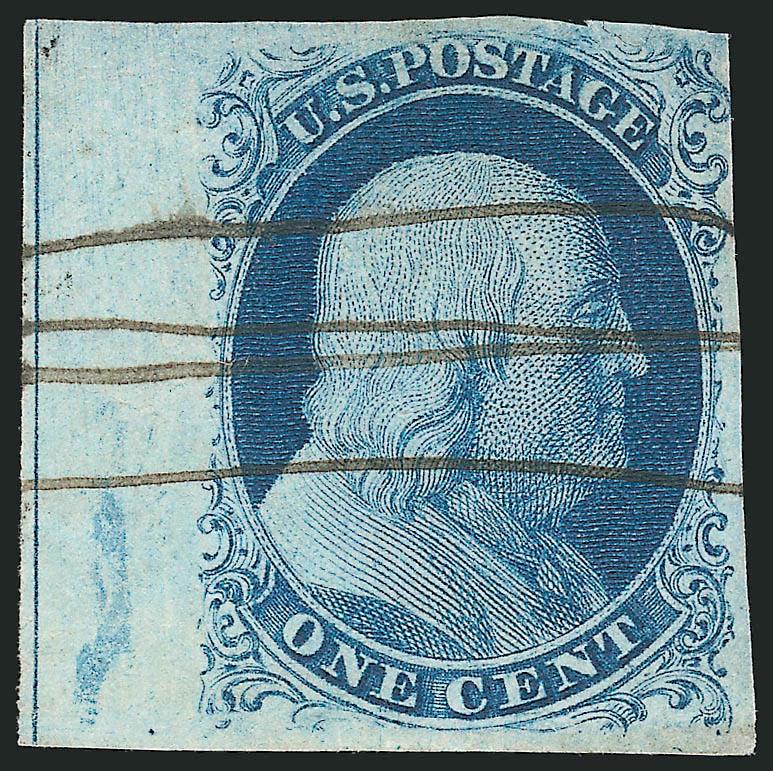 1c Blue, Ty. IIIa (8A).> Plate 4, enormous margins to barely touched incl. <sheet margin and guideline at left,> rich color, neat pen cancel, Very Fine and choice, with 2007 P.F. certificate