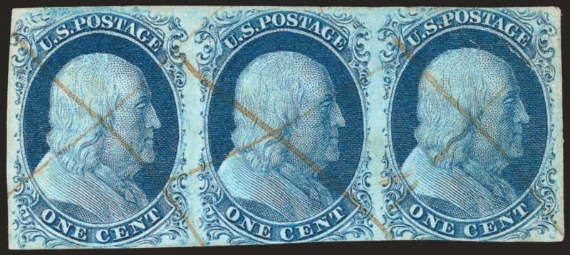1c Blue, Ty. II-IIIa-II (7-8A-7).> Horizontal strip of three, Positions 71-73L1E, <left stamp with inverted double transfer,> large margins to just in at bottom, neat pen cancels, stamps with small faults, still
Fine-Very Fine and attractive multiple
