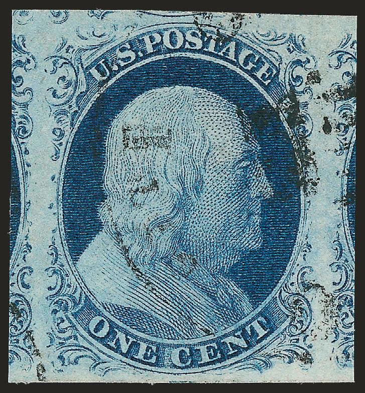 1c Blue, Ty. IV (9).> Position 18R1L, large to enormous margins showing parts of three adjoining stamps, deep rich color, light circular datestamp<><>^EXTREMELY FINE GEM. A HUGE EXAMPLE OF THE 1851 ONE-CENT TYPE
IV, WHICH HAS BEEN GRADED SUPERB 98