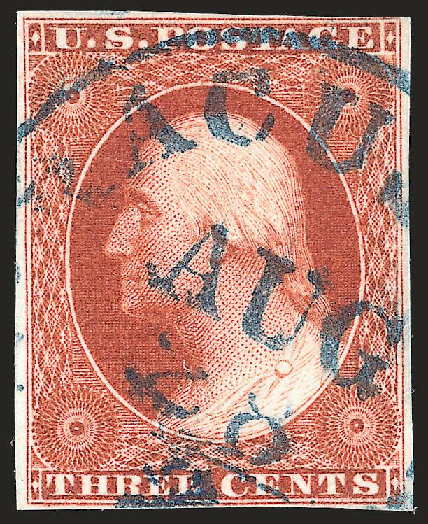 3c Deep Orange Brown, Ty. II (10A).> Magnificent intense color, large margins to just touched at top right, <dark blue> town circular datestamp, Very Fine, with 2007 P.F. certificate as No. 10 prior to 2008
Scott reclassification