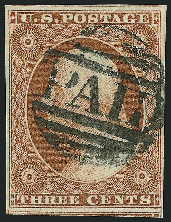 3c Orange Brown, Ty. II (10A).> Two, first Position 23R5E, large margins to full incl. part of adjoining stamps at top and bottom and with <small Boston Paid> grid struck in black, second full to large margins,
bright color and with <red small Bost