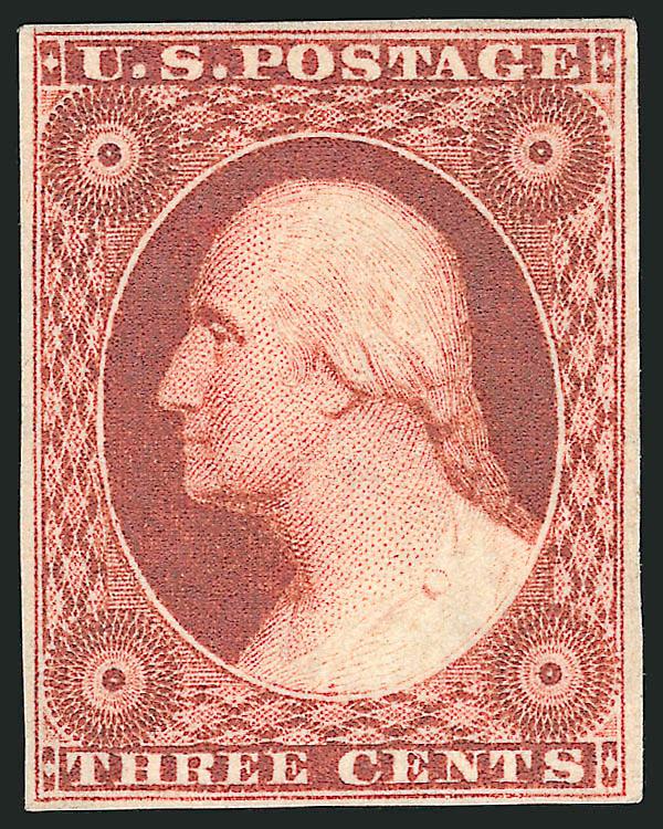 3c Brownish Carmine, Ty. II (11A var).> Position 45L1L, original gum, lightly hinged, full margins, brilliant color and detailed impression, Very Fine and choice, with 2007 P.F. certificate as No. 11 prior to
2008 Scott reclassification