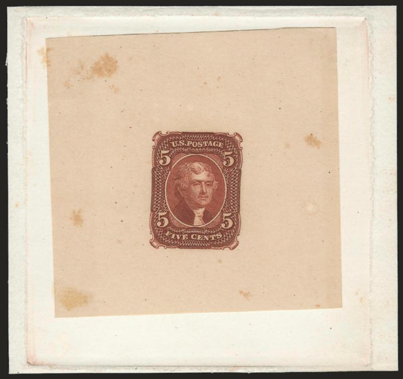 Toppan, Carpenter & Co., 5c Brown, Die II Essay on Brown Toned Paper (67-E4b).> Die sunk on 85 x 80mm card, showing full die sinkage, few toned spots, otherwise Very Fine and rare, ex Finkelburg