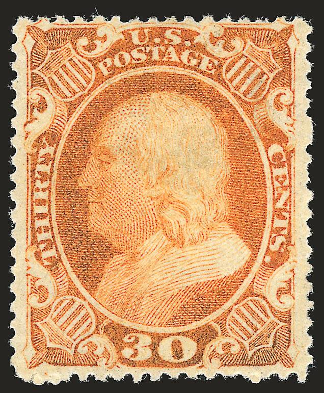 30c Orange (38).> Large part original gum, unusually choice centering with wide margins, faint trace of oxidation, thin spot from hinge removal, appears Extremely Fine