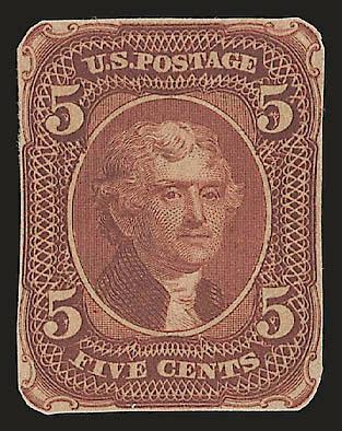 Toppan, Carpenter & Co., 5c Brown, Die II Essay on Brown Toned Paper (67-E4b).> Cut to shape as always, deep rich color, tiny thin speck, appears Very Fine