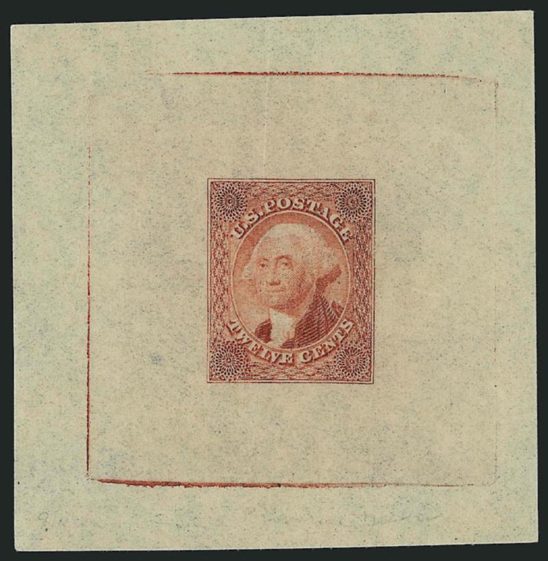 Toppan, Carpenter & Co., 12c Dark Red, Schernikow Die I Essay on Pale Yellow Thin Wove, 12c Blue, Schernikow Die I Essay on Pink Thin Wove (69-E3o, 69-E3p).> 64 x 65mm and 49 x 47mm respectively, rich colors,
light creases, appear Very Fine