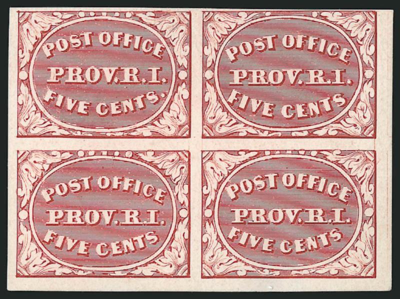 Providence R.I., 5c Brown Carmine, Trial Color Plate Proof on Thick Card (10X1TC4).> Block of four, large margins, bright shade, minor thinning on card, Very Fine, Scott Retail as singles