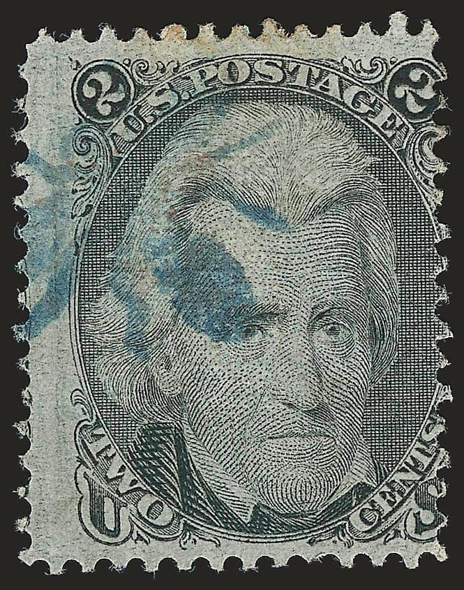 2c Black, F. Grill (93).> Centered right and faint vertical crease, mostly complete <blue Bee cancel> used at Station B in New York City, Fine strike and very scarce