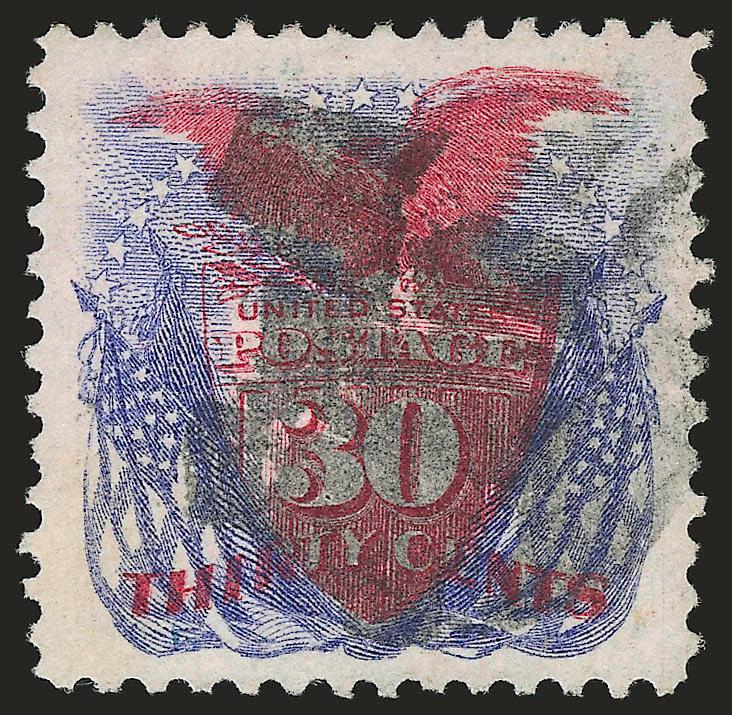 30c Ultramarine & Carmine (121).> Beautiful wide margins and precisely centered, rich colors, cork cancel, Extremely Fine Gem, with 2007 P.S.E. certificate (XF-Superb 95 SMQ $3,250.00), of the 110 used examples
submitted for grading, only seven have