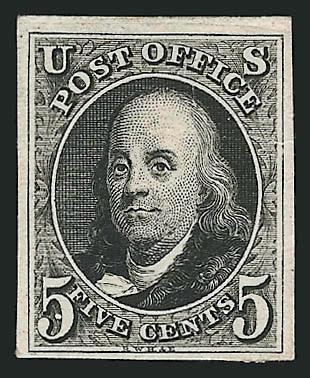 5c Black, Small Die Trial Color Proof on India (1TC3).> On card, stamp size, intense shade, Very Fine, scarce