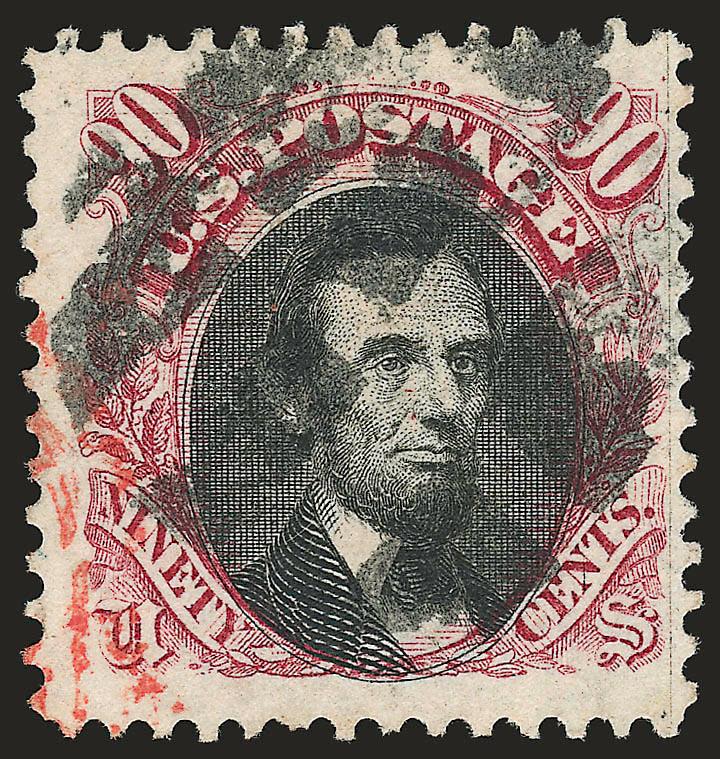 90c Carmine & Black (122).> Three enormous margins, bold segmented cork cancel and also part of <red transit> at left, Very Fine, with 1999 P.F. certificate