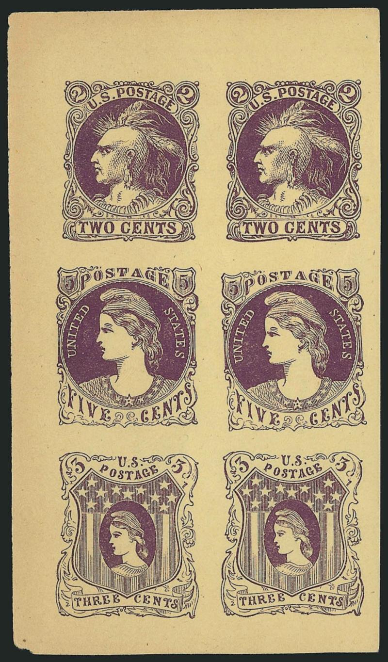 Unknown Author, 2c-5c Indian Vignettes on Yellow Wove, 1861-66 Essays (73-E3c, 73-E4c, 73-E5c).> Complete sheet of nine in Black, blocks of six in Blue and Violet, few small thin spots, appear Very
Fine