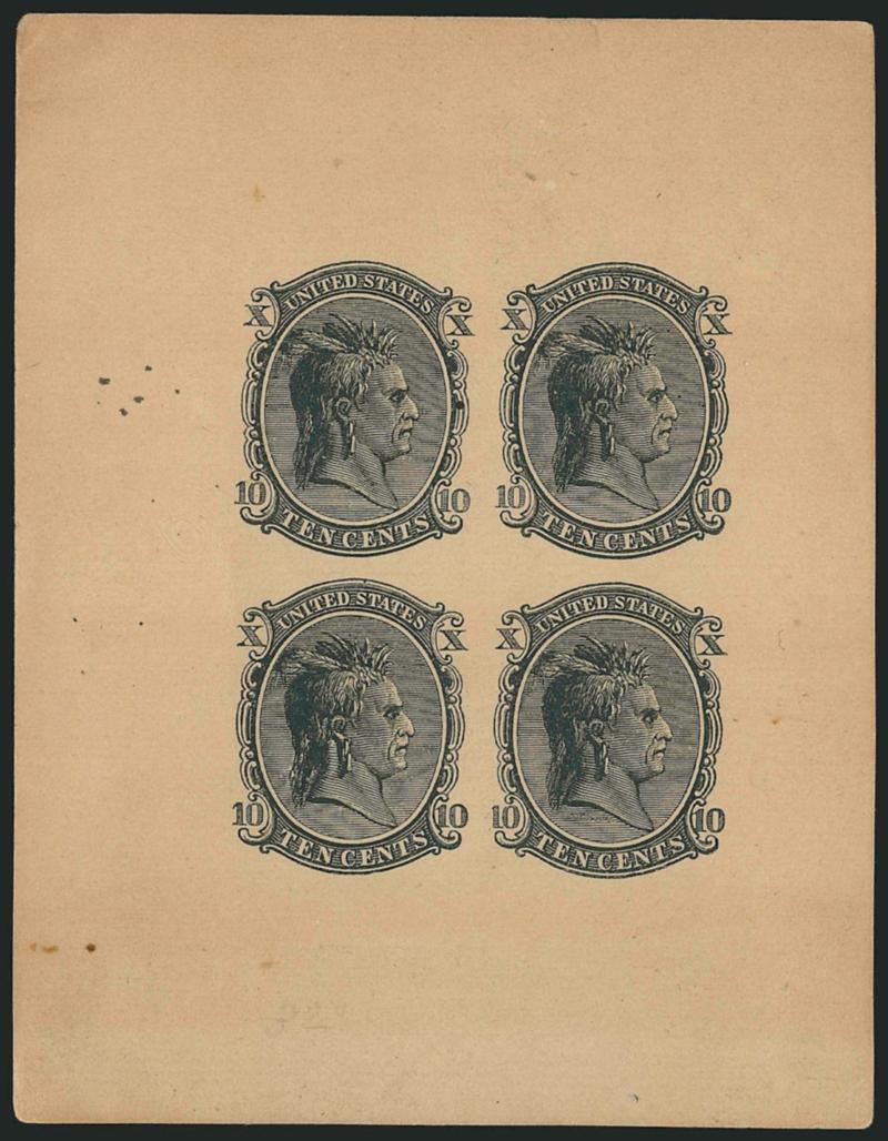 Unknown Author, 10c Indian Vignette, Die Essays on Proof Paper, Soft Cream Card (73-E6a, 73-E6c).> Three of first in Black, Carmine and Violet, second is pane of four as usual, Fine-Very Fine