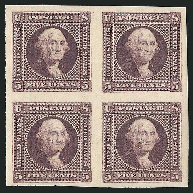 3c, 5c Small Numeral, Plate Essays on Stamp Paper, Imperforate (114-E6b, 115-E2c).> Two blocks of four of each in different colors, large margins incl. one 3c block with significant portion of adjoining stamps at
top, original gum, fresh and Very Fin