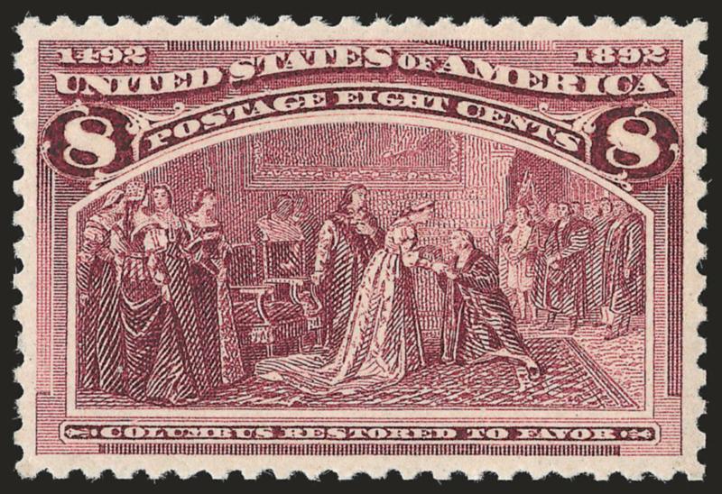 8c Columbian (236).> Mint N.H., exceptionally well-centered, deep rich color, Extremely Fine, with 2007 P.S.E. certificate (XF 90 SMQ $620.00)