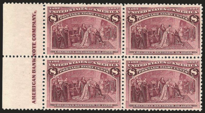 8c Columbian (236).> Mint N.H. block of four with left imprint selvage (lightly hinged in selvage), wonderful color and impression, Very Fine, with 2007 P.F. certificate