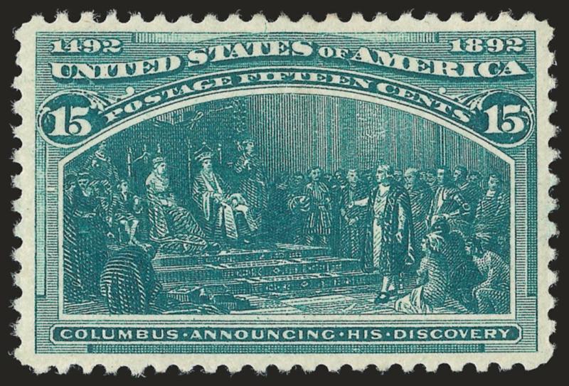 15c Columbian (238).> Original gum, lightly hinged, remarkably well-centered, deep strong color, Extremely Fine Gem, with 2005 P.S.E. certificate (XF-Superb 95 SMQ $760.00)