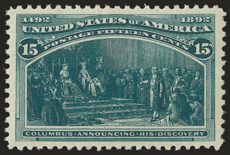 15c Columbian (238).> Mint N.H. except minor gum adhesion specks, fabulous wide margins and intense color, Extremely Fine, with 2007 P.S.E. certificate (VF 80 Jumbo SMQ $740.00 for 80, $1,200.00 for 85), Scott
Retail as Mint N.H.