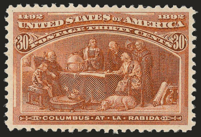 30c Columbian (239).> Mint N.H., handsomely centered, fresh and bright, Extremely Fine, with 2007 P.S.E. certificate (VF-XF 85 SMQ $1,400.00)