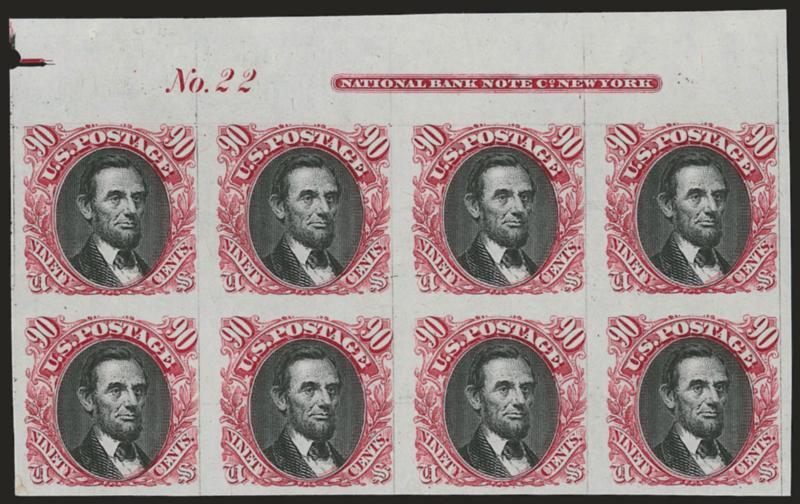 90c Carmine & Black, Plate Proof on India (122P3).> Top imprint and plate no. 22 block of eight, rich colors, wide margins, fresh and Very Fine, scarce in such pristine condition, much scarcer than Scott value
would indicate