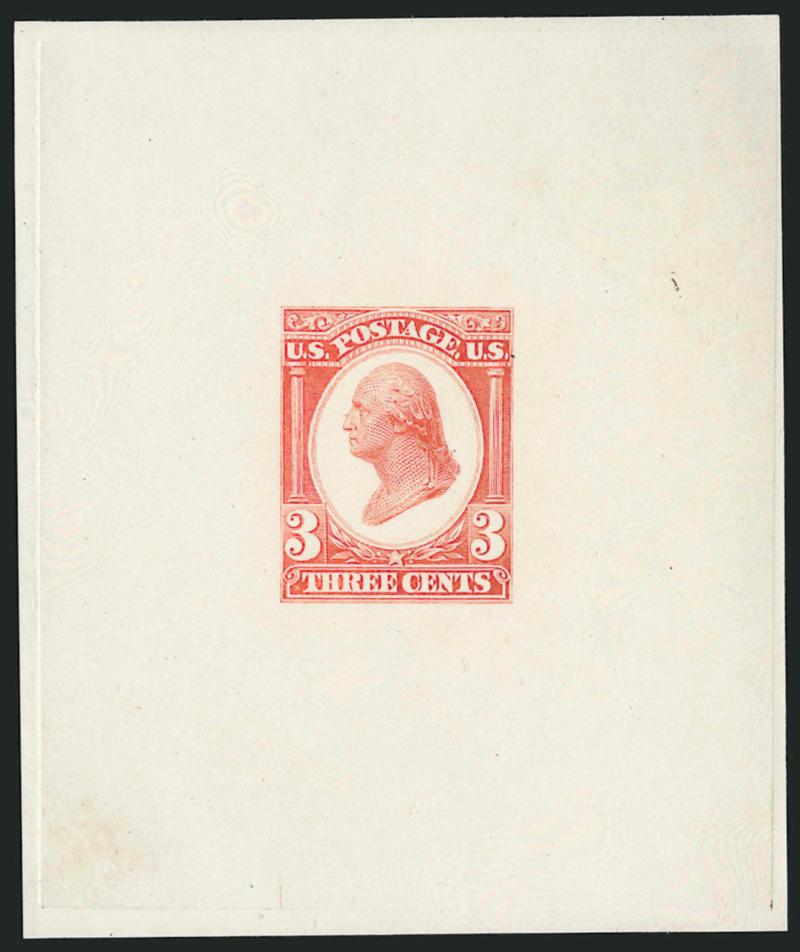 Continental Bank Note Co., 3c Orange, Liberty Die Essay on White Glazed Paper (184-E12b).> 65 x 77mm with die sinkage on all sides, radiant color, Very Fine