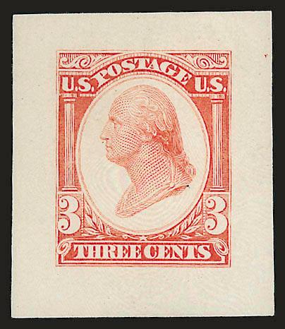 Continental Bank Note Co., 3c Washington, Die Essay on White Glazed Paper (184-E13b).> Complete set of four Scott-listed colors, approximately 27 x 32mm, rich colors, Fine, scarce set
