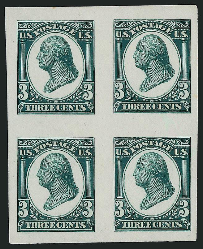 Continental Bank Note Co., 3c Washington, Plate Essays on India (184-E13c).> Three blocks of four in Green, Black and Brown, large margins, few minor translucencies, last with small toned spots, appear Very
Fine