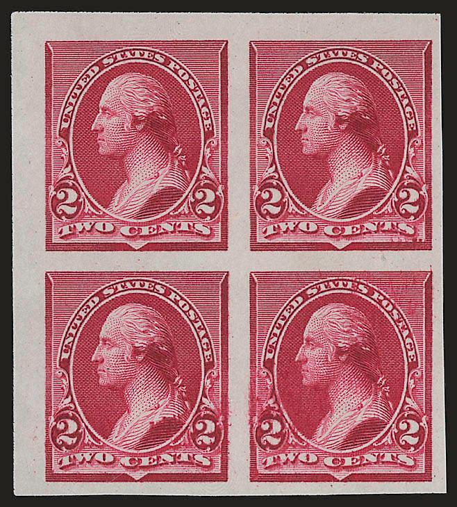 2c Carmine, Plate Proof on India (220P3).> Block of four, large margins incl.top left corner margins, deep rich color, Very Fine and choice