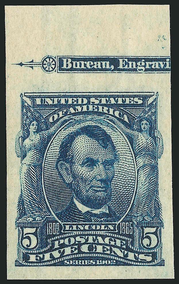 5c Blue, Imperforate (315).> Mint N.H. single with part top imprint margin, huge margins other sides, lightly hinged in selvage only, Extremely Fine