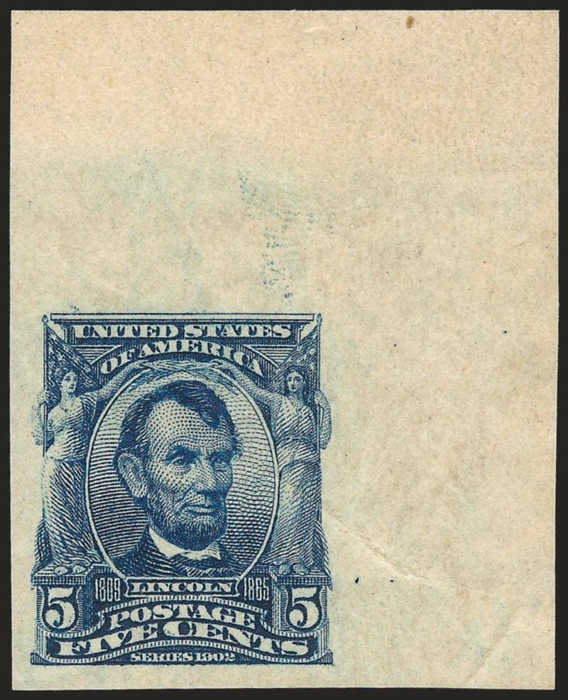 5c Blue, Imperforate (315).> Top right corner margin, stamp Mint N.H., lightly hinged in ungummed part of selvage, intense shade and impression, natural paper crease, Very Fine, Scott Retail as Mint N.H.
stamp