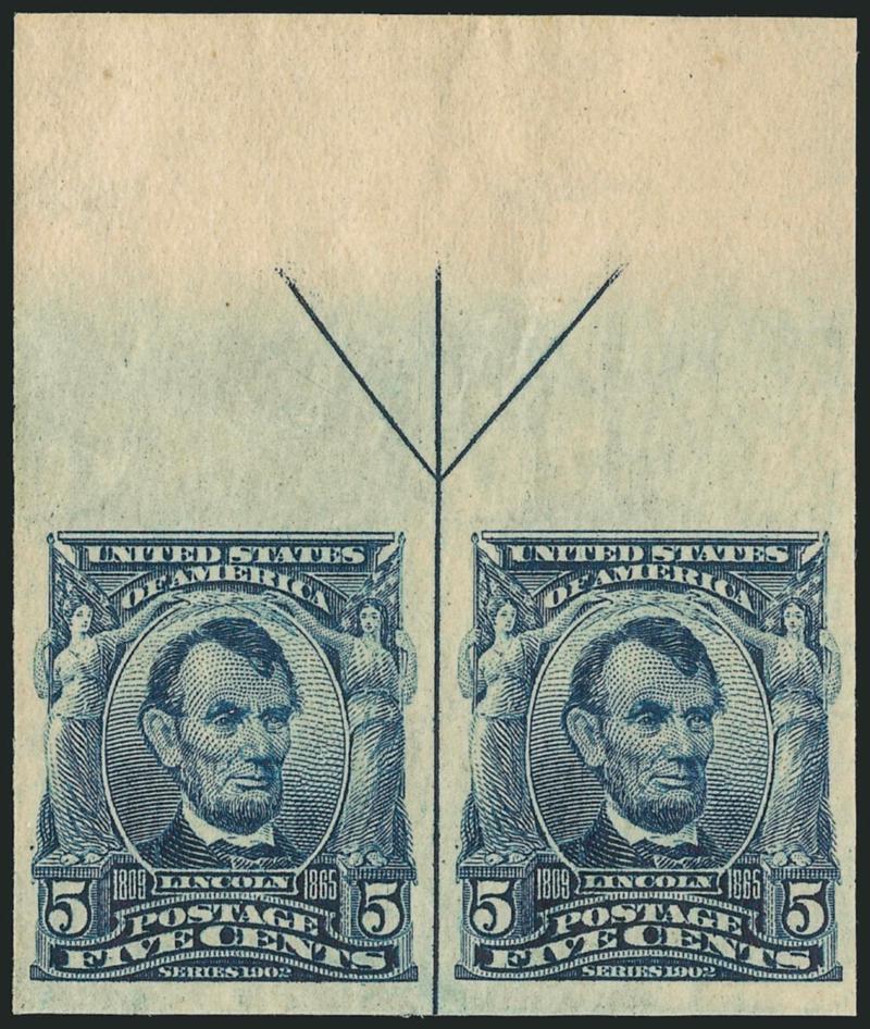 5c Blue, Imperforate (315).> Mint N.H. pair with <arrow at top,> large margins other sides, Extremely Fine, scarce and desirable position piece, Scott Retail as normal Mint N.H. pair