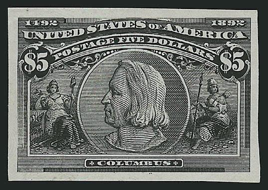 1c-$5.00 Columbian, Plate Proofs on India (230P3-245P3).> Large margins, $1.00 with part imprint at bottom, bright colors, usual small flaws associated with this fragile paper, Very Fine appearance