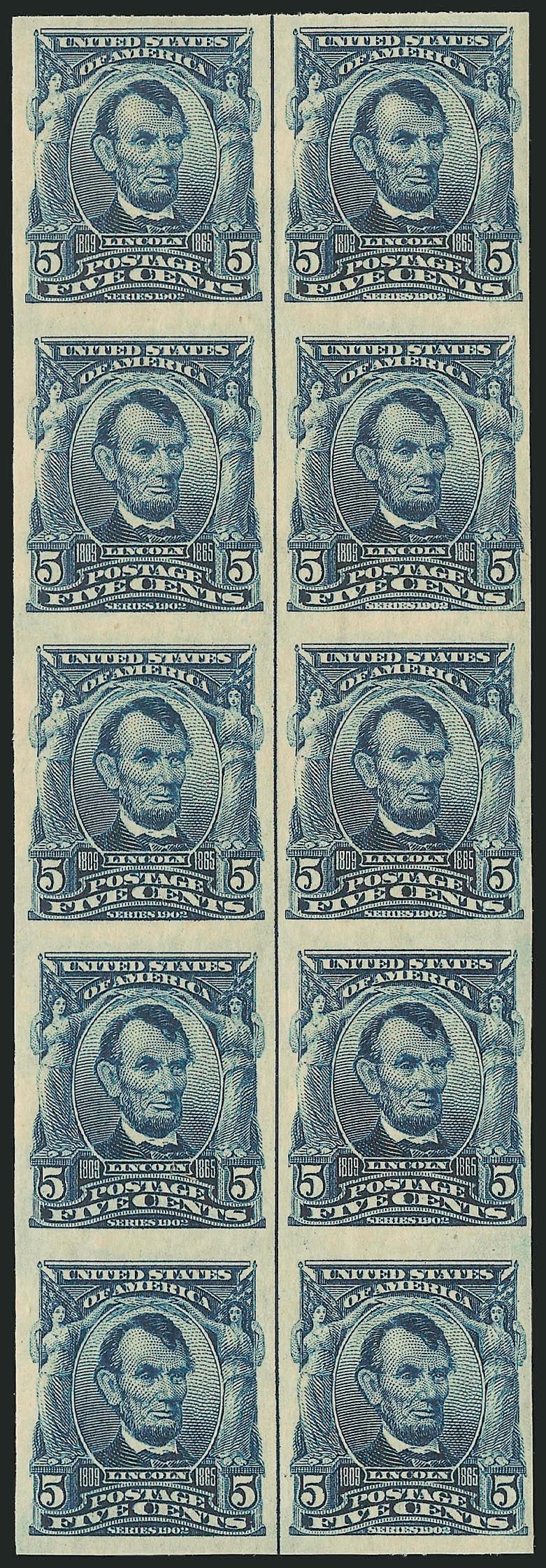 5c Blue, Imperforate (315).> Mint N.H. block of ten with vertical guide line, large margins, dark shade and proof-like impression, both the paper and gum are bright and fresh<><>^EXTREMELY FINE. A SUPERB
MULTIPLE OF THE 5-CENT 1908 IMPERFORATE.^<>