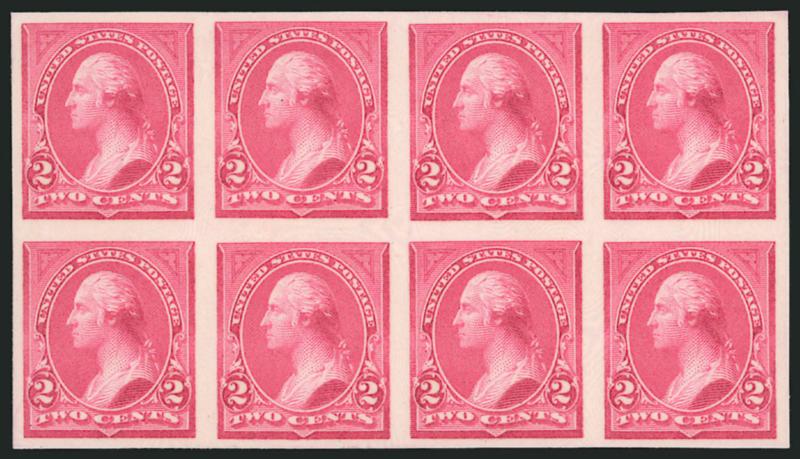 2c Pink, Ty. I, Plate Proof on Card (248P4).> Block of eight, large margins, rich color which shows trace of oxidation, Very Fine, Scott Retail as two blocks of four