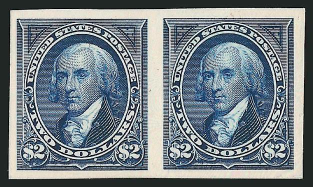 $2.00 Dark Blue, Plate Proof on Card (262P4).> Horizontal pair, large margins, deep rich color on bright paper, Very Fine and choice